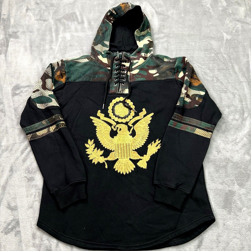 Hudson Mens Hoodie Black Camo Gold Embroidered Eagle Hip Hop Pullover Streetwear